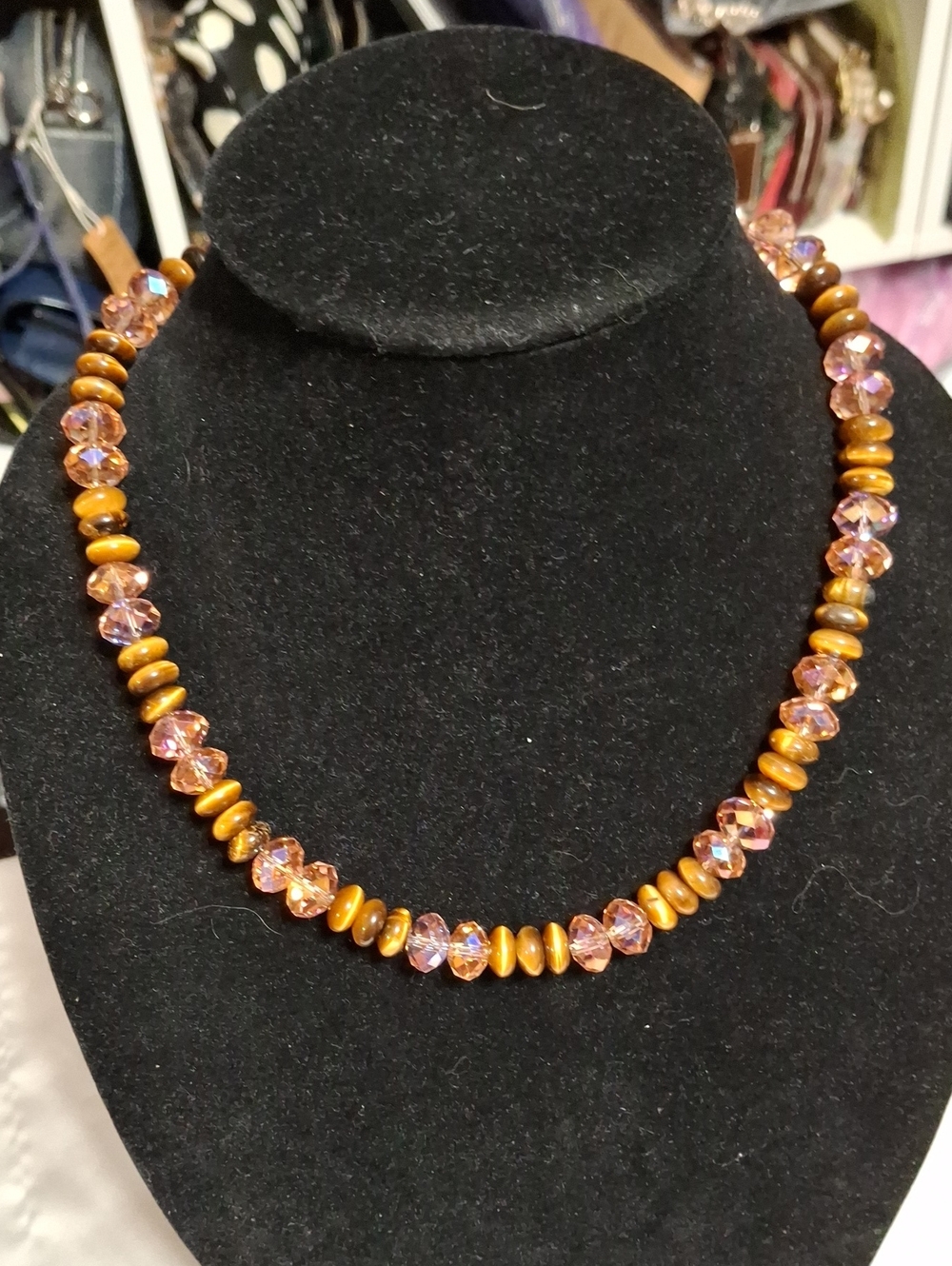 Tigers Eye and Amber Beaded Necklace 20" Silver Hardware